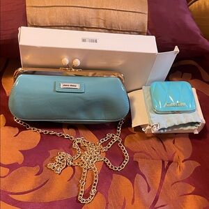 Miu Miu Turquoise Clutch with Gold Chain and matching mirror set